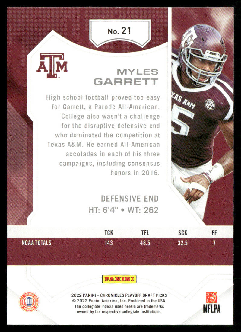Myles Garrett 2022 Panini Chronicles Draft Picks Playoff #21 Texas A&M Aggies