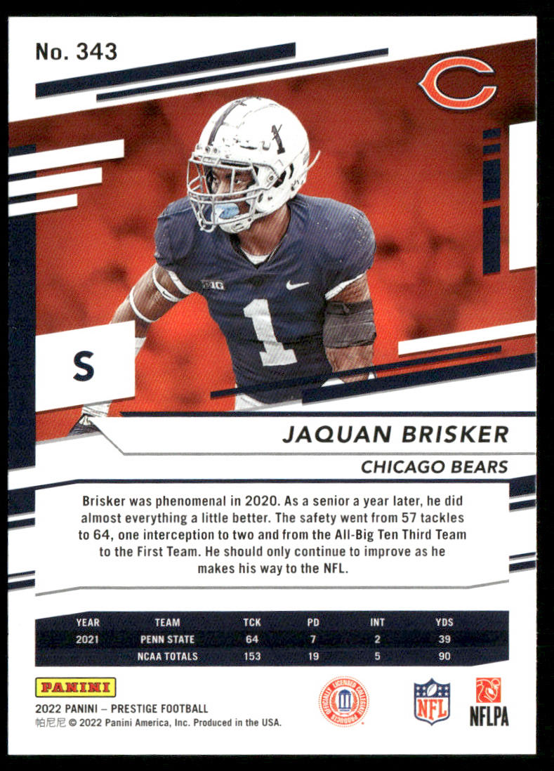 Jaquan Brisker 2022 Panini Prestige Xtra Points Sunburst #343 RC Chicago Bears