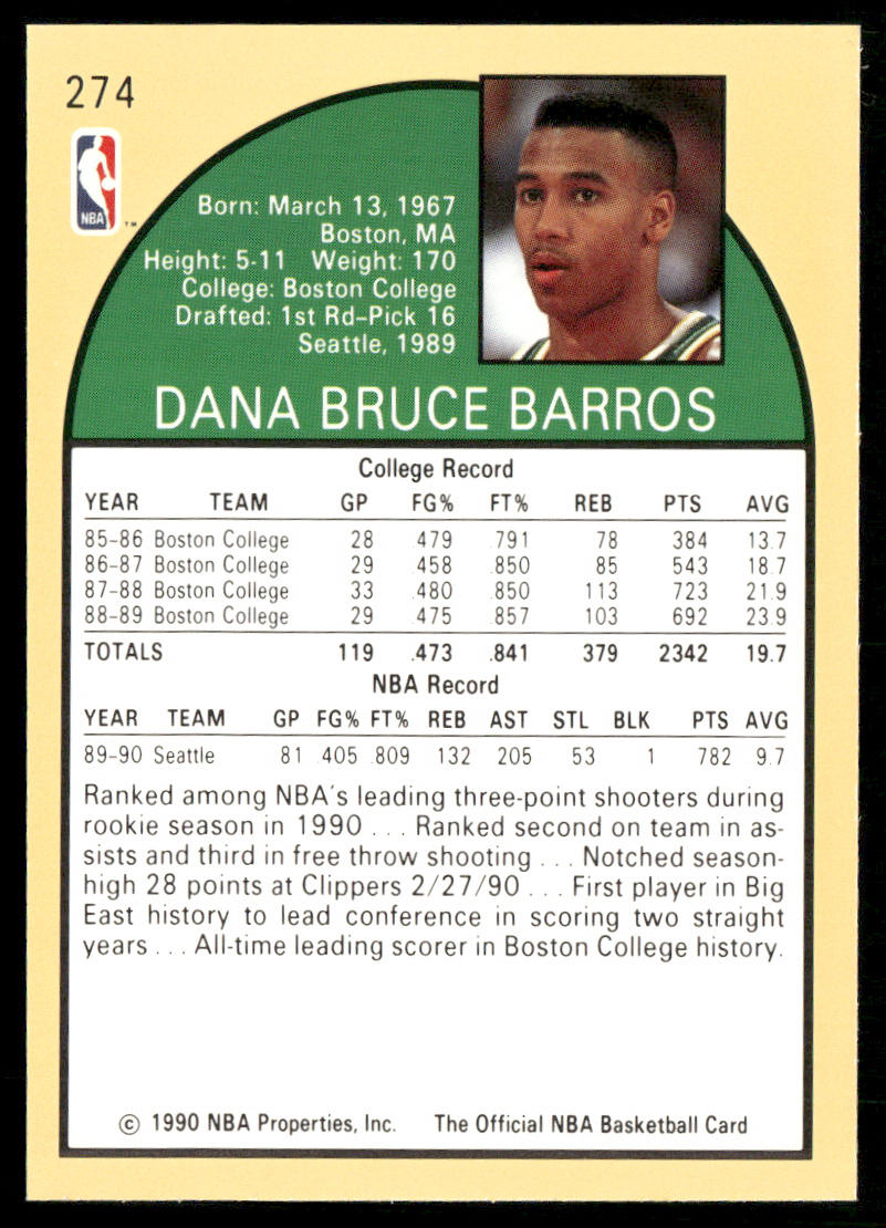 Dana Barros 1990-91 Hoops #274 RC Seattle SuperSonics