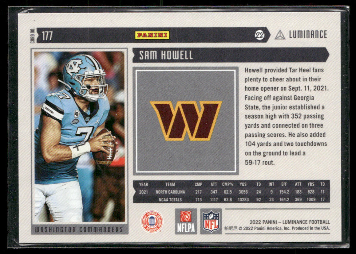 Sam Howell 2022 Panini Luminance #177 RC Washington Commanders