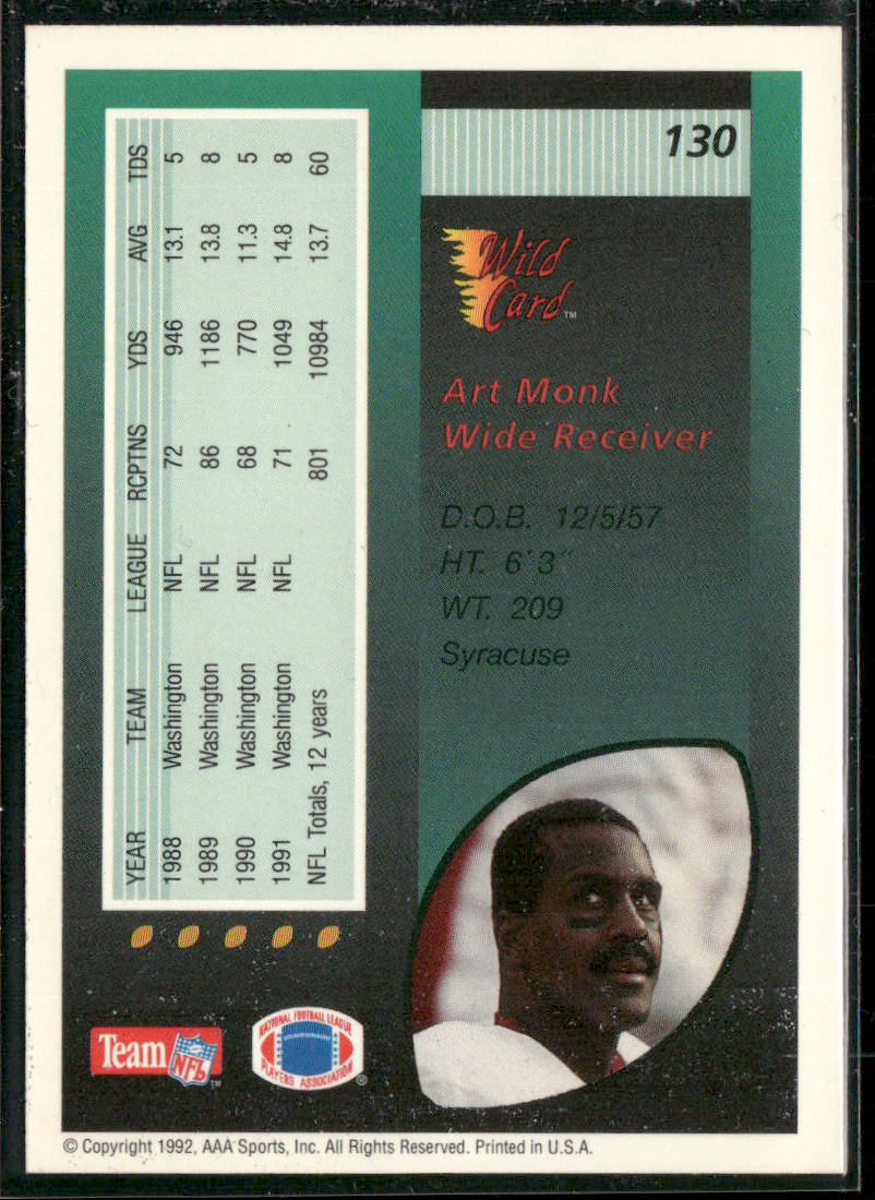 Art Monk 1992 Wild Card #130 Washington Redskins