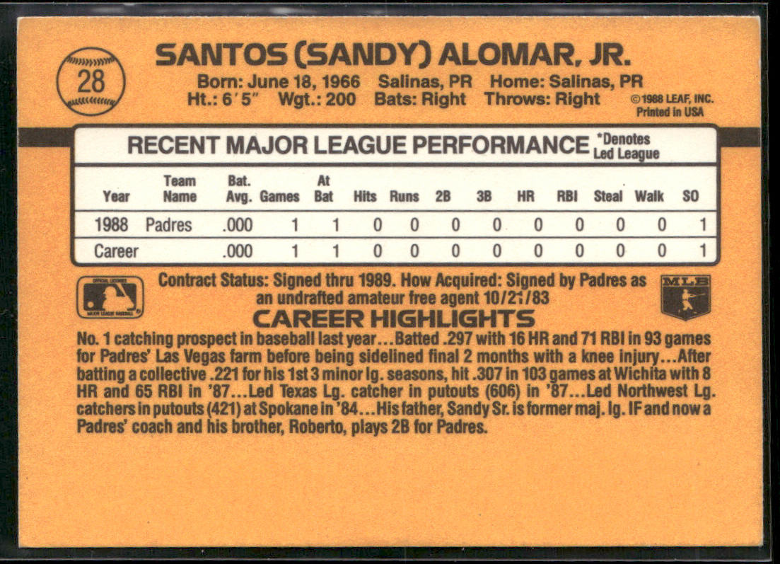 Sandy Alomar Jr. 1989 Donruss #28 RC San Diego Padres