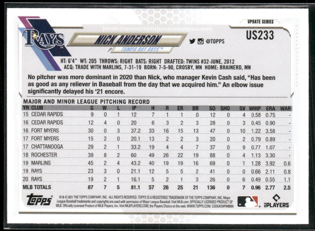 Nick Anderson 2021 Topps Update #US233 Tampa Bay Rays