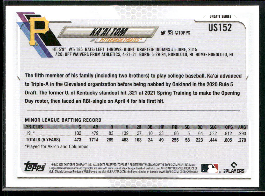 Ka'ai Tom 2021 Topps Update #US152 RC Pittsburgh Pirates