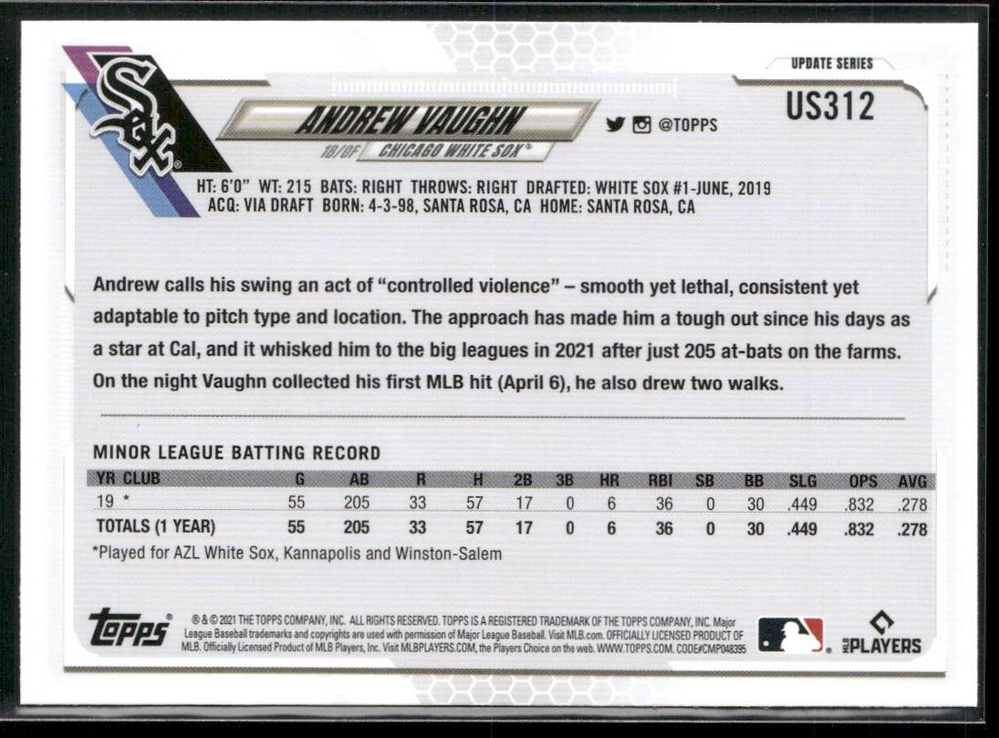 Andrew Vaughn 2021 Topps Update #US312 RC Chicago White Sox