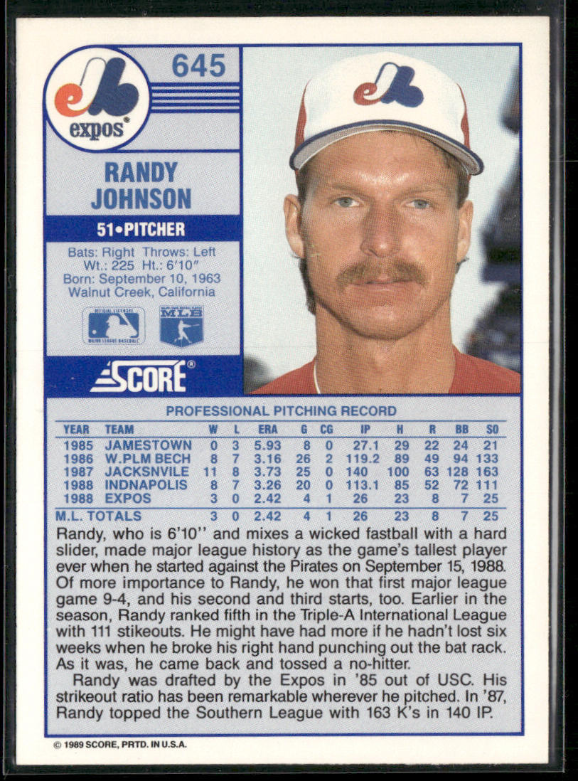 Randy Johnson 1989 Score #645 RC Montreal Expos