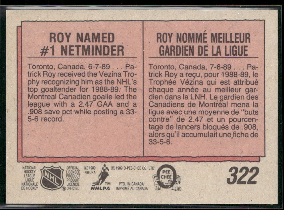 Patrick Roy 1989-90 O-Pee-Chee #322 Montreal Canadiens