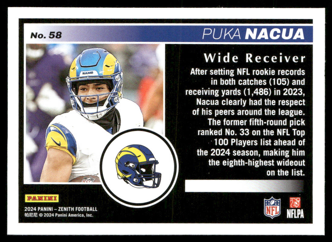 Puka Nacua 2024 Panini Zenith Retail #58 Los Angeles Rams