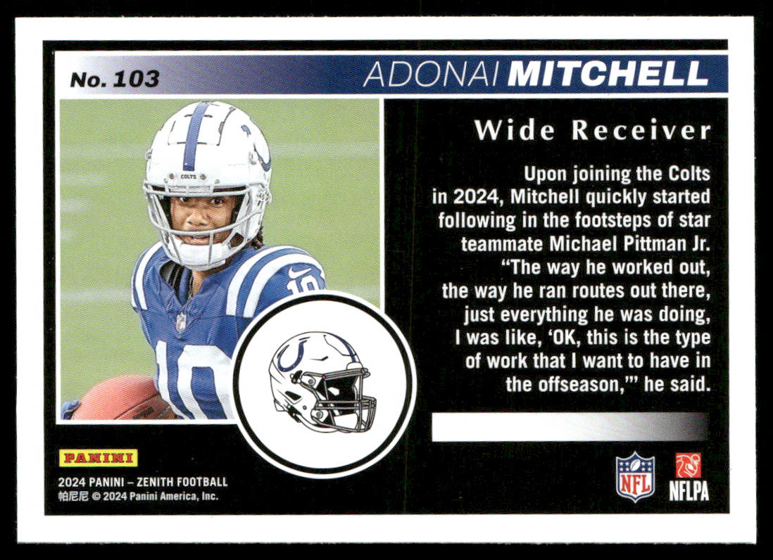 Adonai Mitchell 2024 Panini Zenith #103 RC Indianapolis Colts