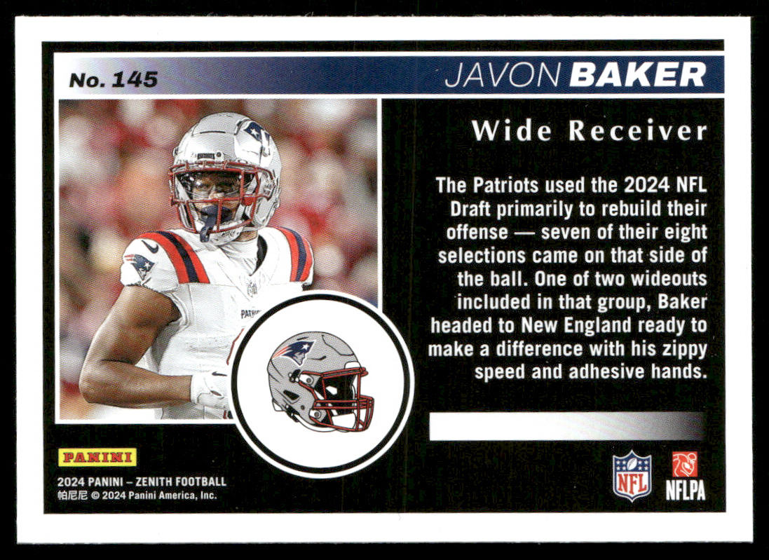 Javon Baker 2024 Panini Zenith #145 RC New England Patriots