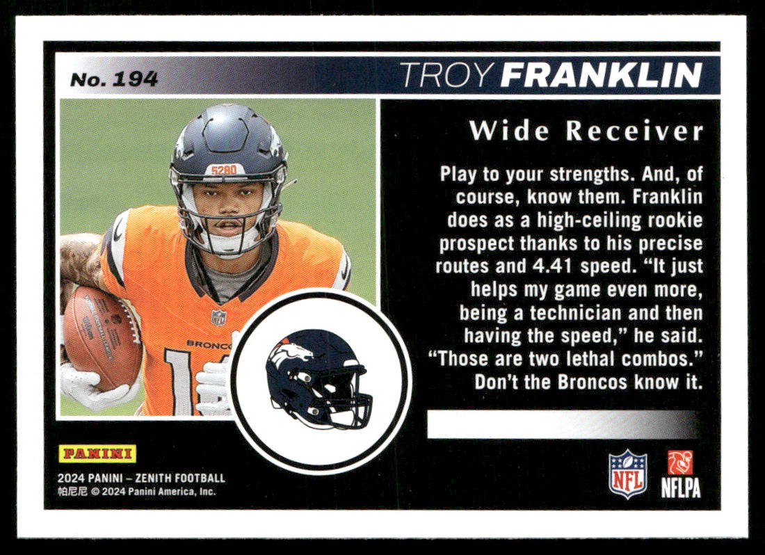 Troy Franklin 2024 Panini Zenith Retail #194 RC Denver Broncos