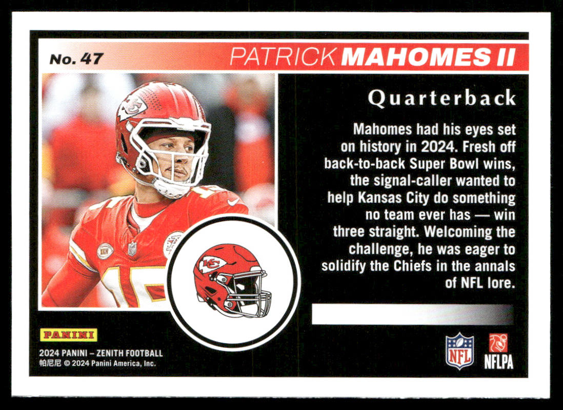 Patrick Mahomes II 2024 Panini Zenith #47 Kansas City Chiefs