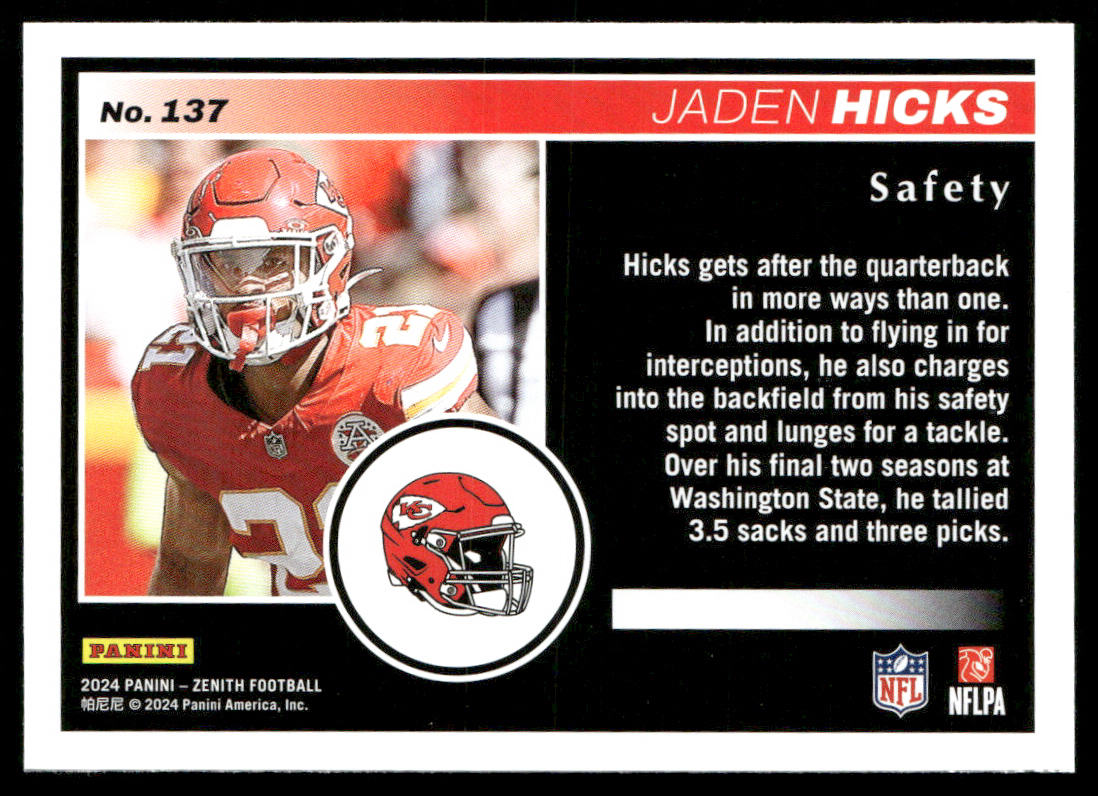Jaden Hicks 2024 Panini Zenith Retail #137 RC Kansas City Chiefs