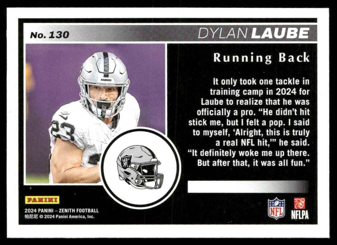 Dylan Laube 2024 Panini Zenith #130 RC Las Vegas Raiders