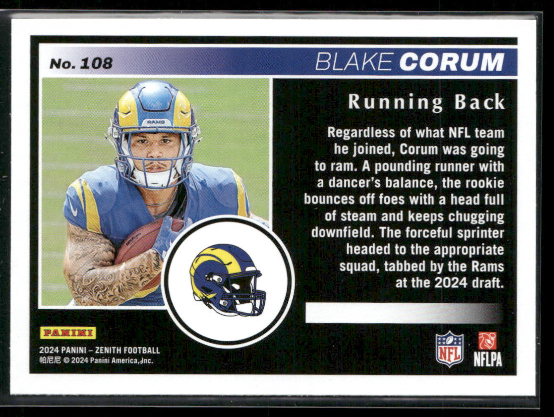 Blake Corum 2024 Panini Zenith No Huddle #108 RC Los Angeles Rams