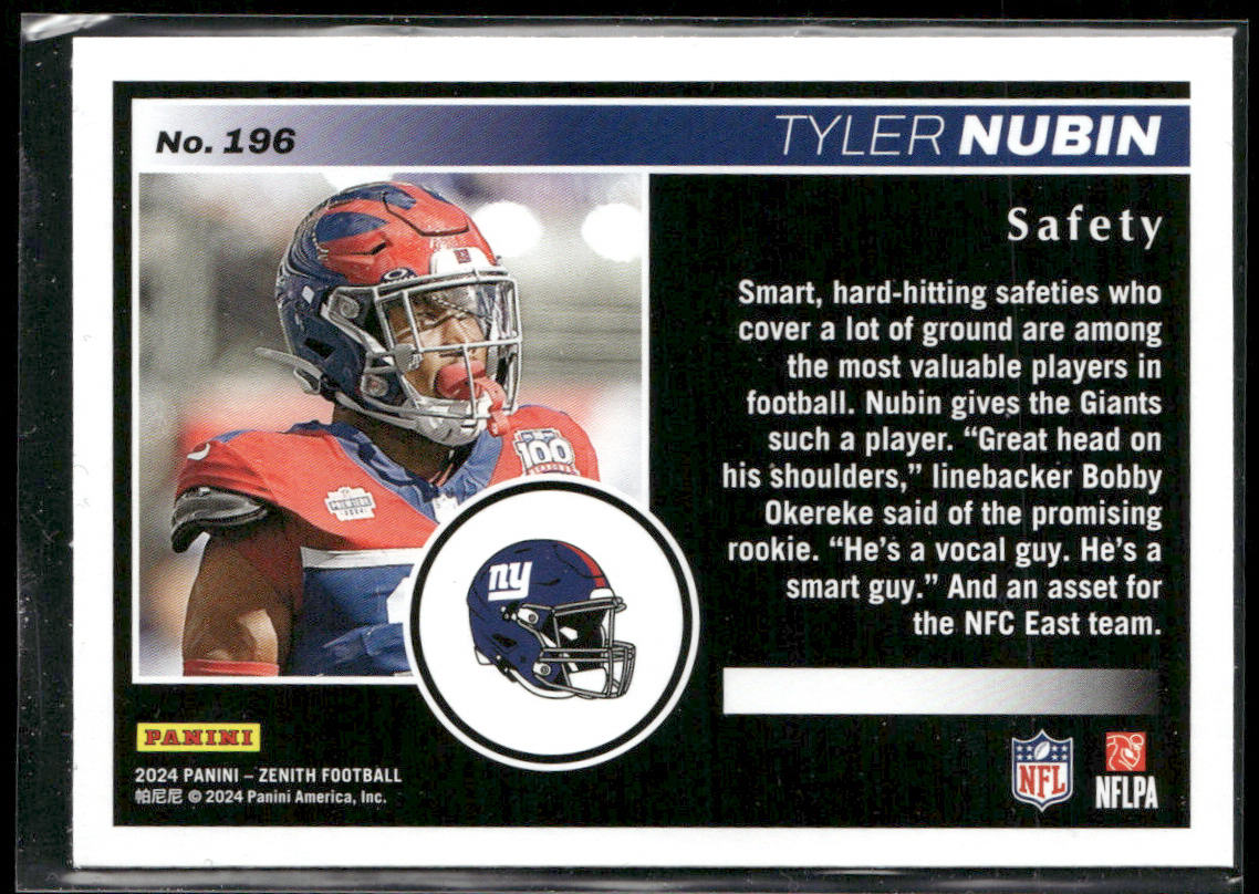 Tyler Nubin 2024 Panini Zenith Two Minute Drill #196 RC New York Giants