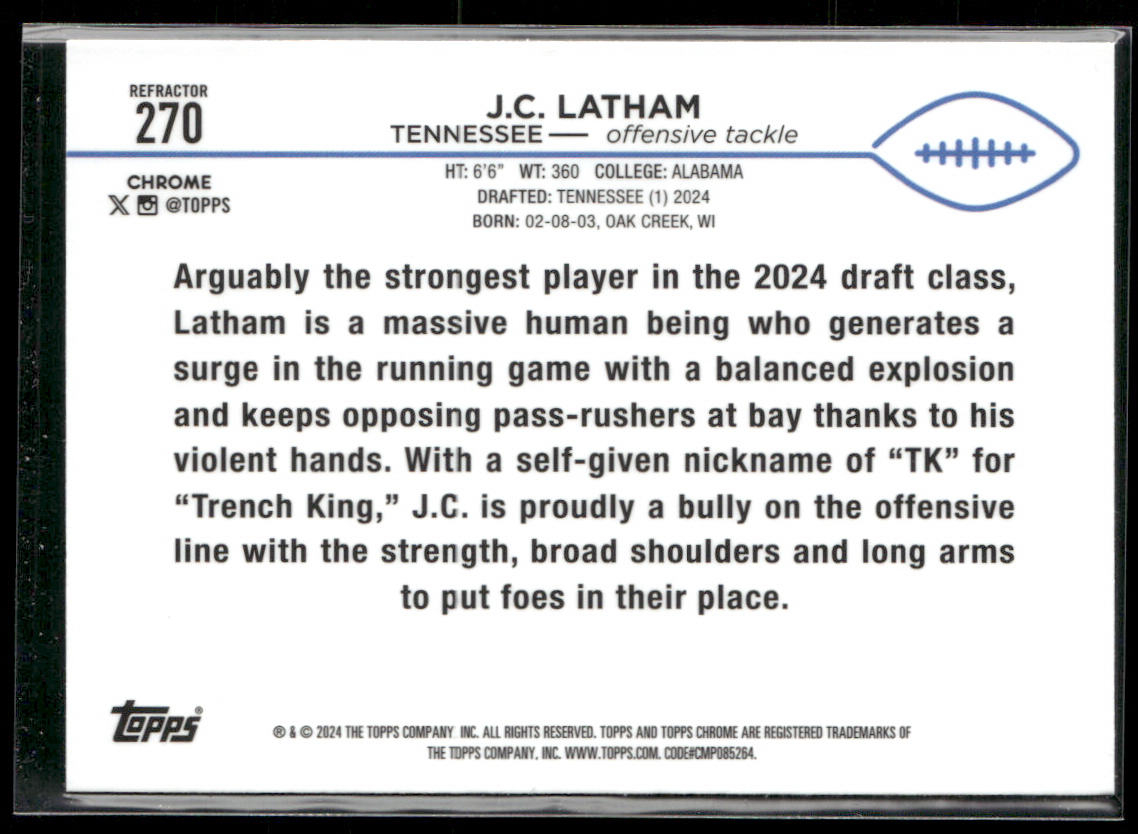 J.C. Latham 2024 Topps Chrome #270 RC Tennessee Titans