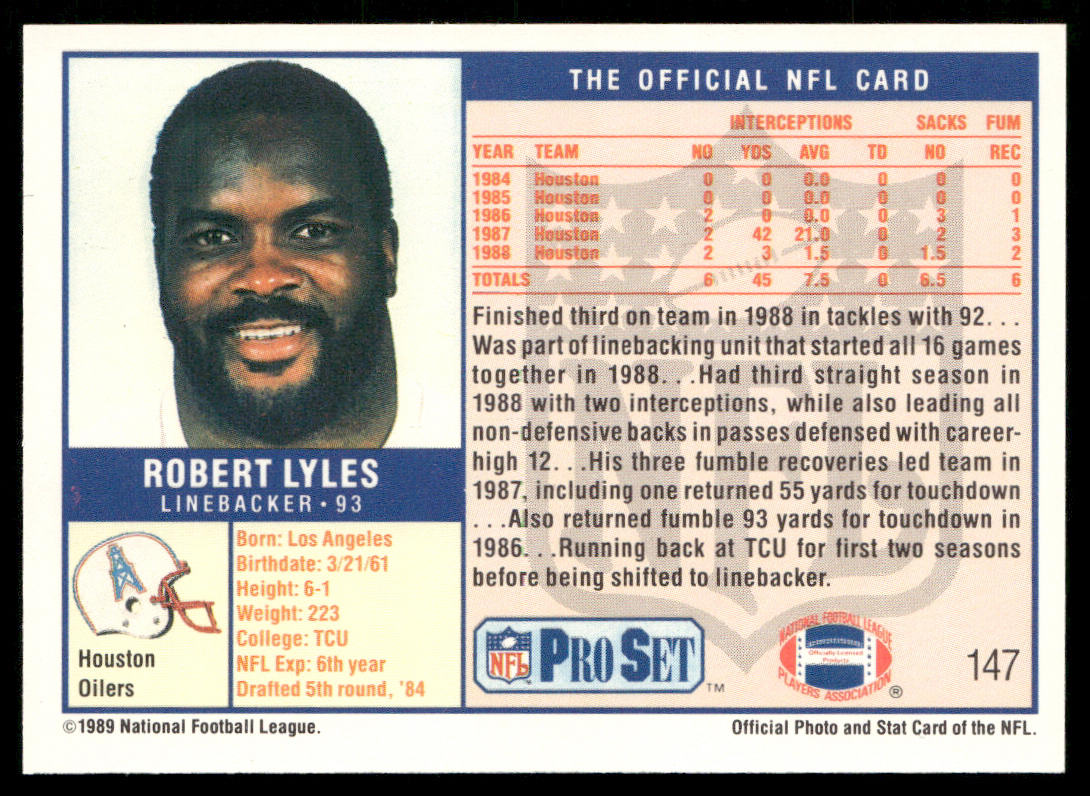 Robert Lyles 1989 Pro Set #147 RC Houston Oilers