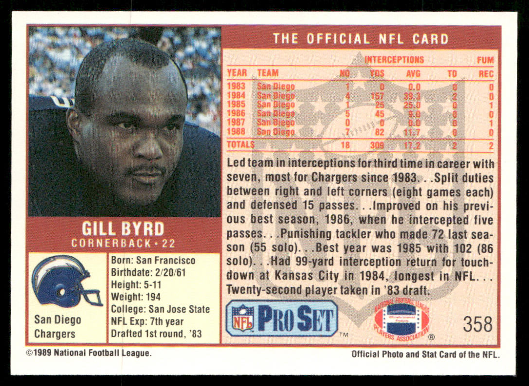 Gill Byrd 1989 Pro Set #358 San Diego Chargers