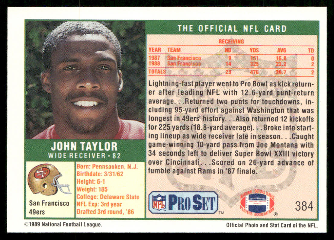 John Taylor 1989 Pro Set #384 RC San Francisco 49ers
