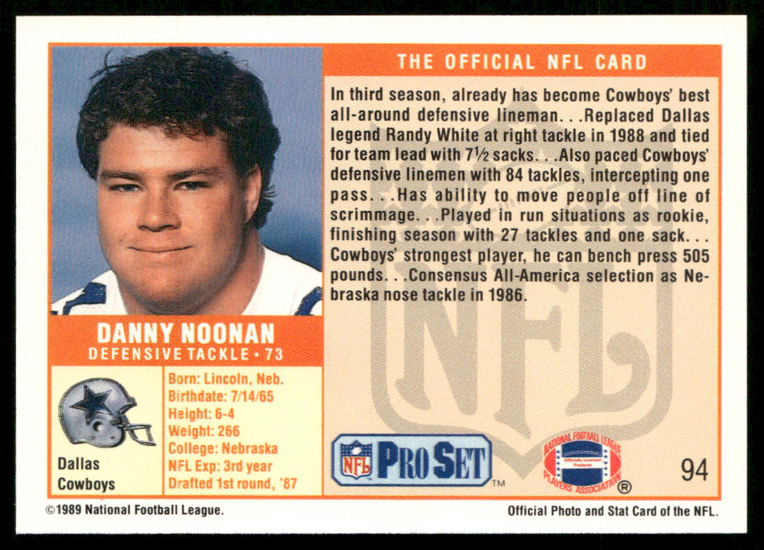 Danny Noonan 1989 Pro Set #94 RC Dallas Cowboys