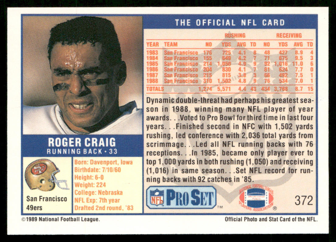 Roger Craig 1989 Pro Set #372 San Francisco 49ers