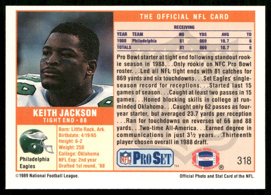 Keith Jackson 1989 Pro Set #318 RC Philadelphia Eagles