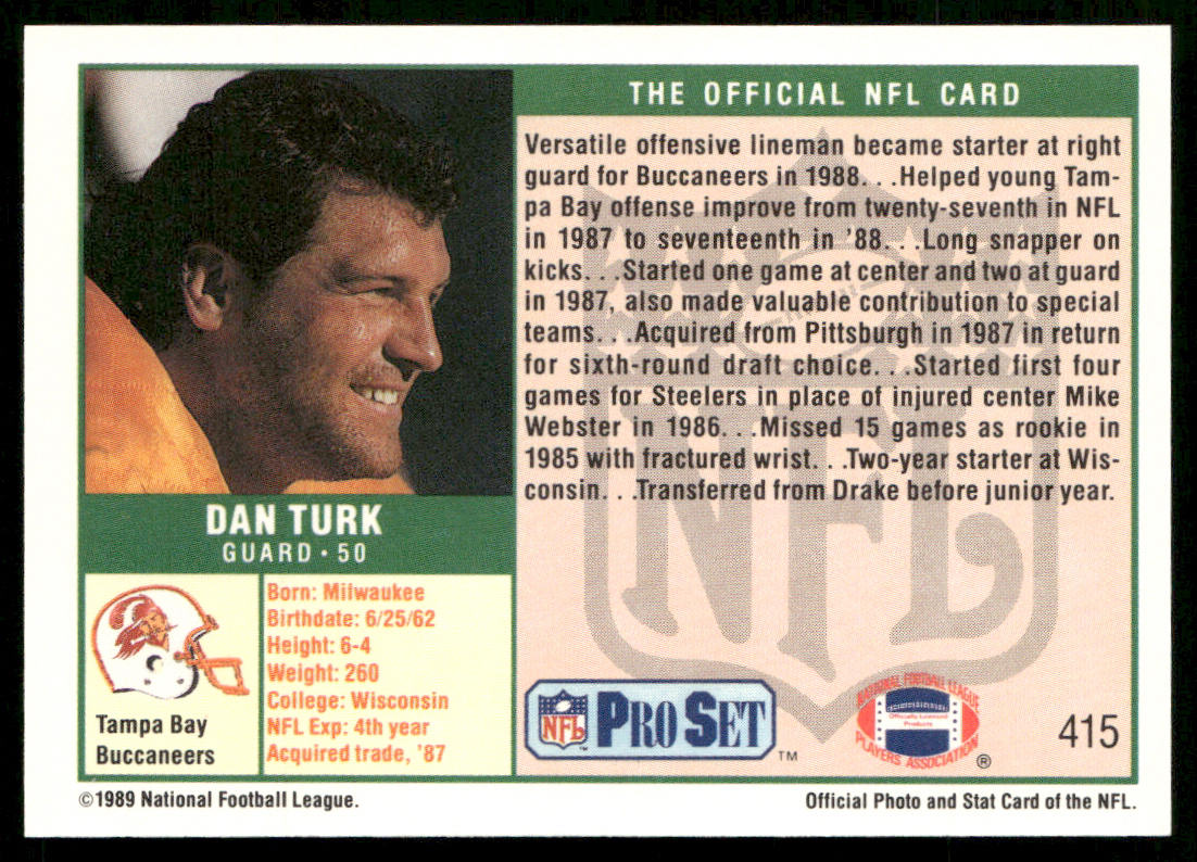 Dan Turk 1989 Pro Set #415 RC Tampa Bay Buccaneers