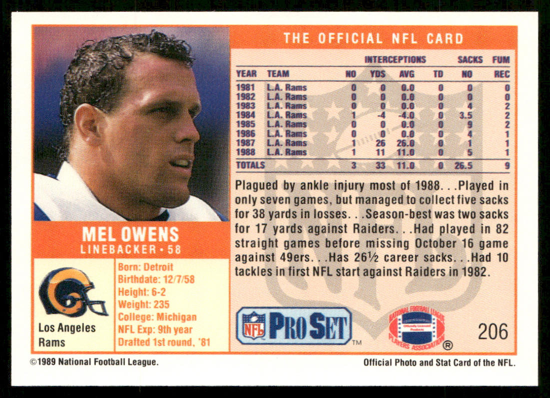 Mel Owens 1989 Pro Set #206 RC Los Angeles Rams