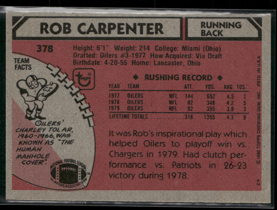 Rob Carpenter 1980 Topps #378 RC Houston Oilers