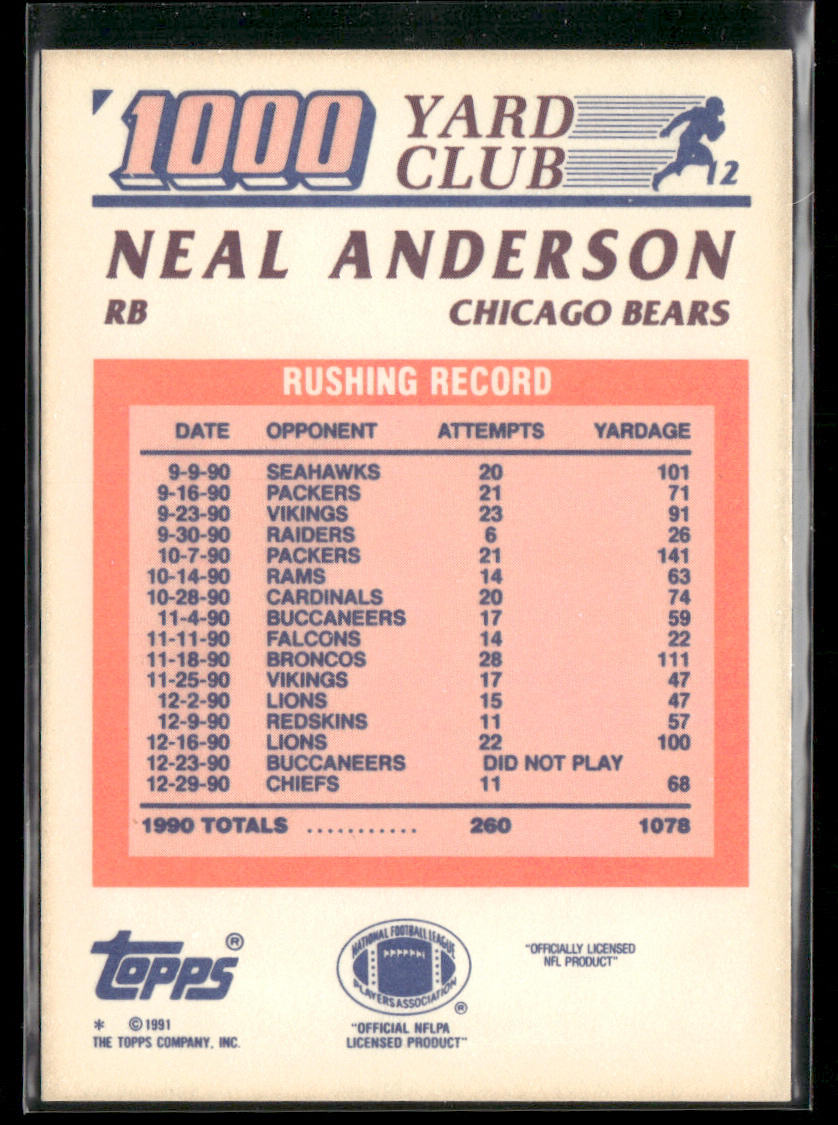 Neal Anderson 1991 Topps 1000 Yard Club #12 Chicago Bears