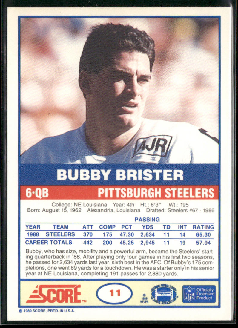 Bubby Brister 1989 Score #11 RC Pittsburgh Steelers