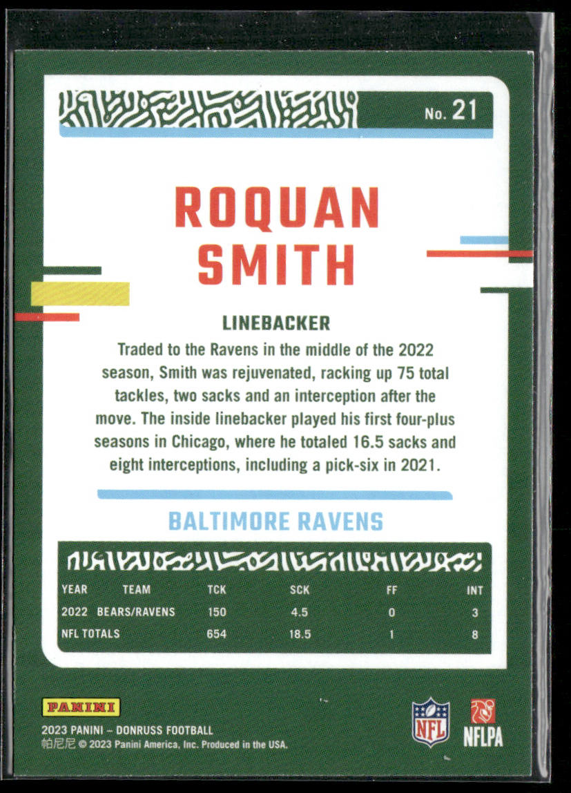 Roquan Smith 2023 Donruss #21 Baltimore Ravens