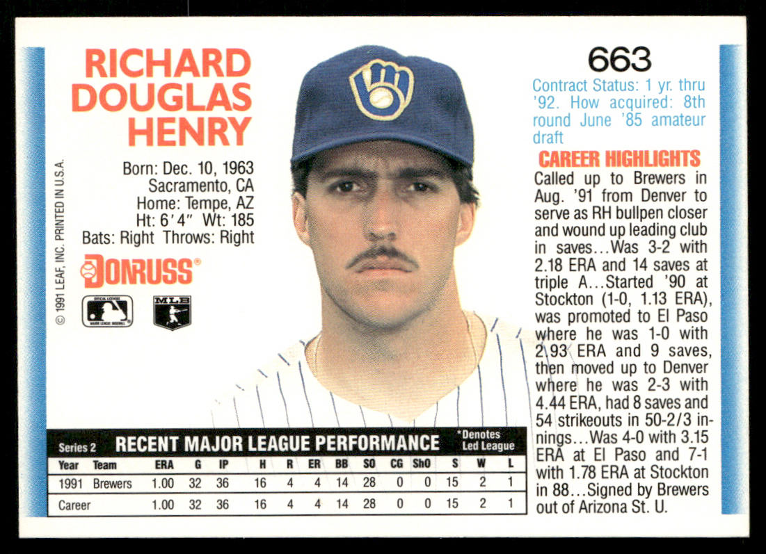Doug Henry 1992 Donruss #663b RC Milwaukee Brewers