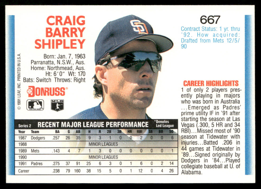Craig Shipley 1992 Donruss #667 RC San Diego Padres