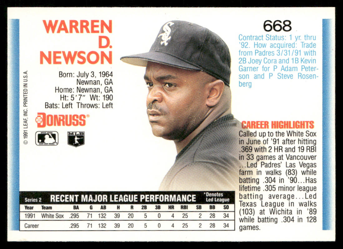 Warren Newson 1992 Donruss #668 RC Chicago White Sox