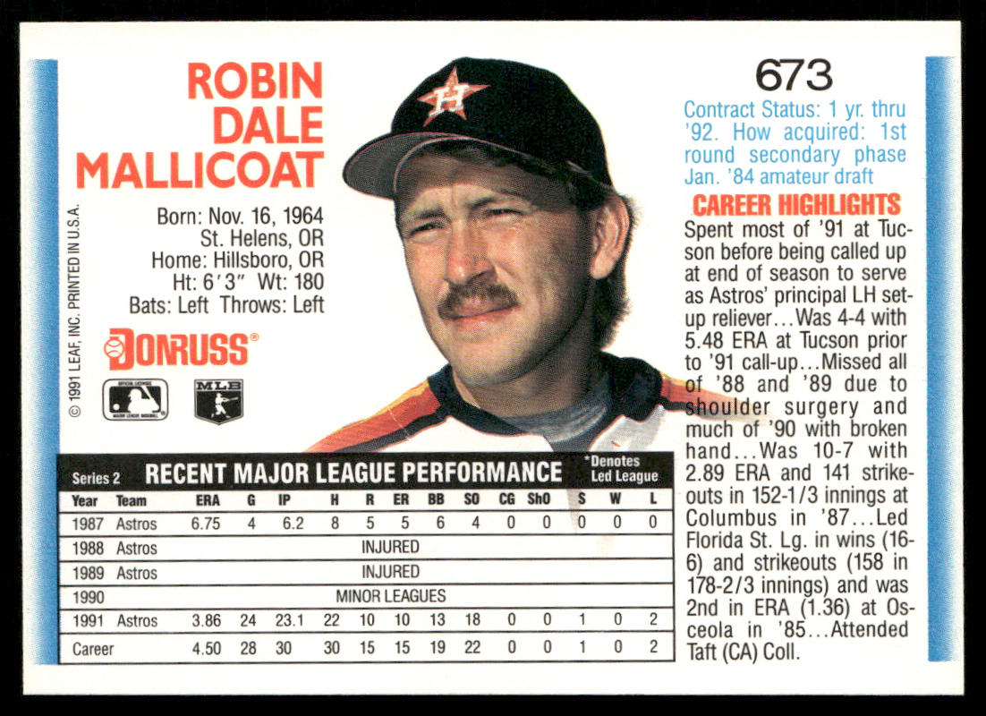 Rob Mallicoat 1992 Donruss #673b Houston Astros