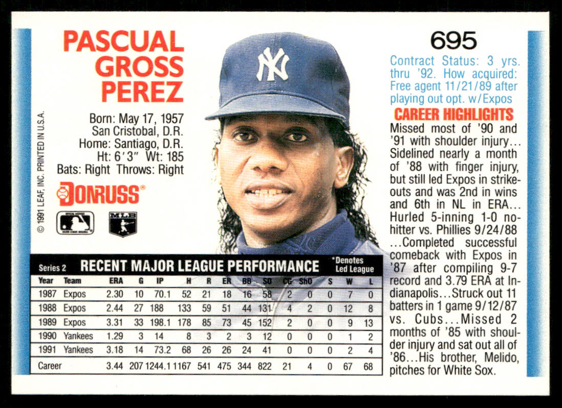 Pascual Perez 1992 Donruss #695b New York Yankees