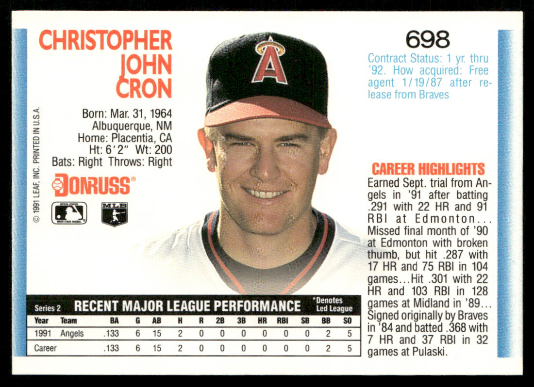 Chris Cron 1992 Donruss #698b RC California Angels