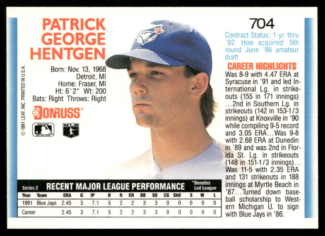 Pat Hentgen 1992 Donruss #704b Toronto Blue Jays
