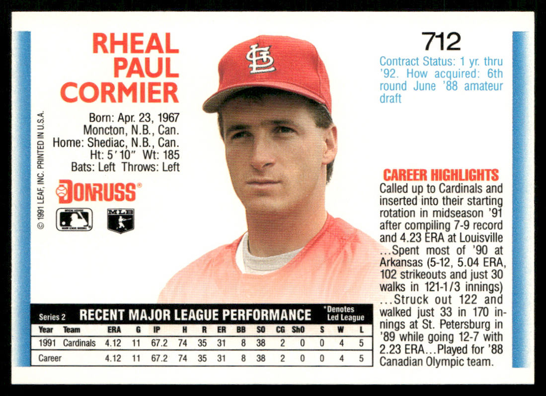 Rheal Cormier 1992 Donruss #712 St. Louis Cardinals
