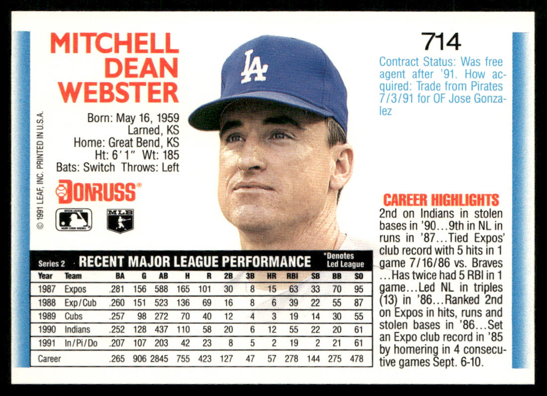 Mitch Webster 1992 Donruss #714 Los Angeles Dodgers