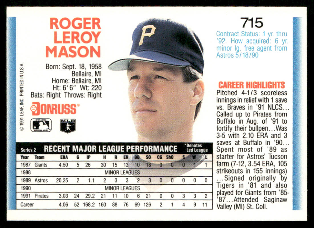Roger Mason 1992 Donruss #715 Pittsburgh Pirates