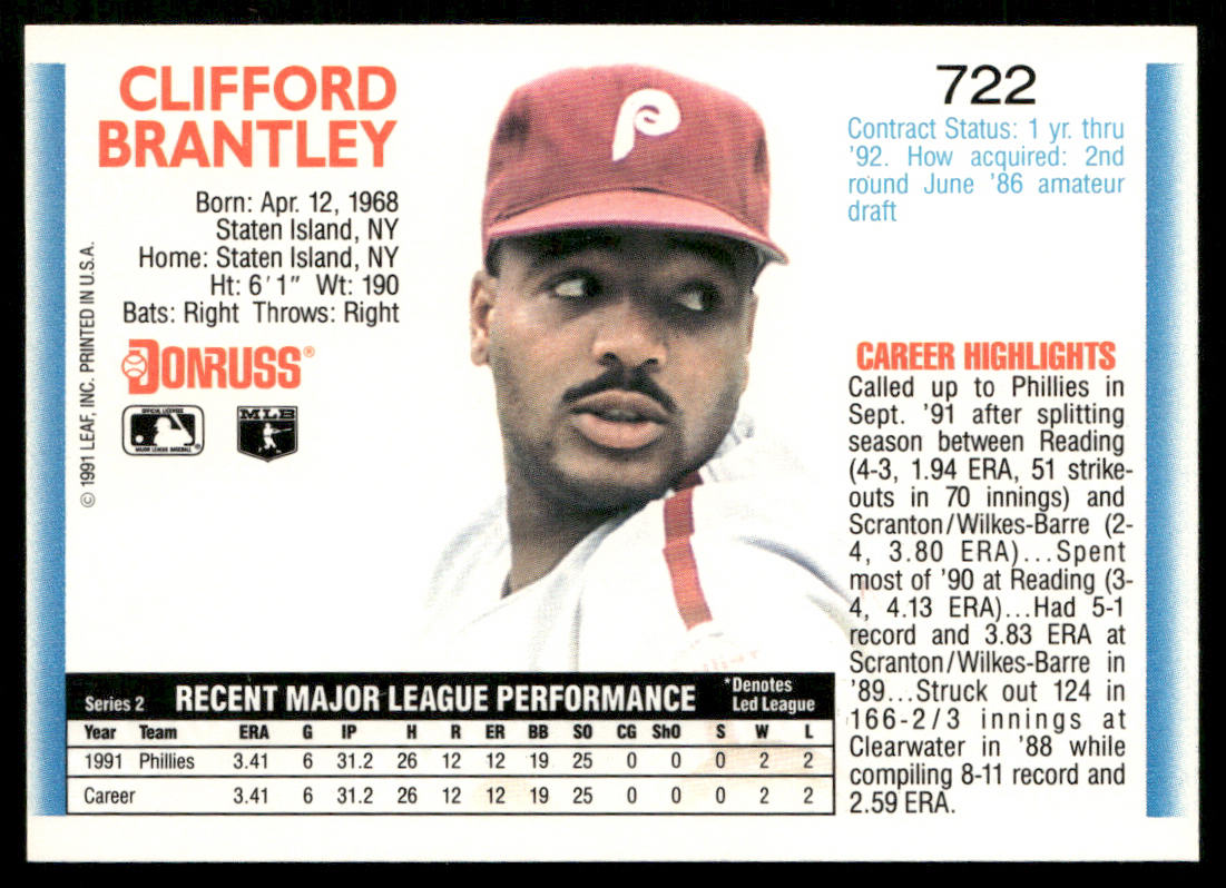 Cliff Brantley 1992 Donruss #722 RC Philadelphia Phillies