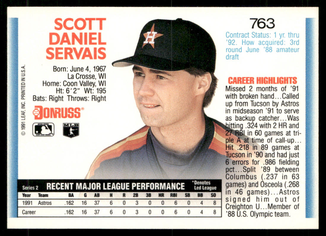Scott Servais 1992 Donruss #763b Houston Astros