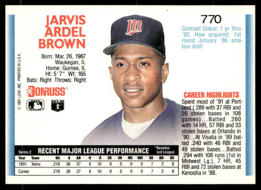 Jarvis Brown 1992 Donruss #770b RC Minnesota Twins