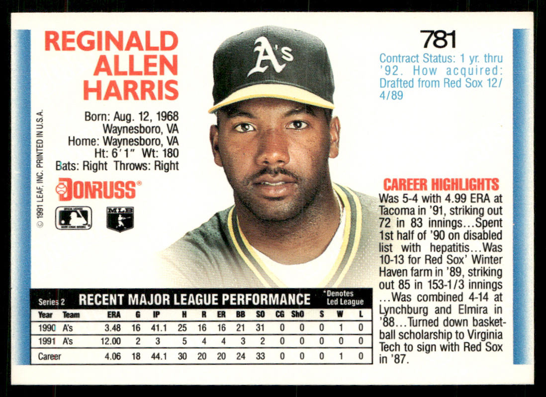 Reggie Harris 1992 Donruss #781b Oakland Athletics back