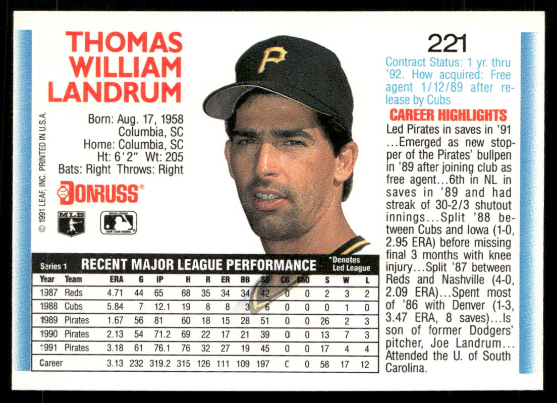 Bill Landrum 1992 Donruss #221b Pittsburgh Pirates back