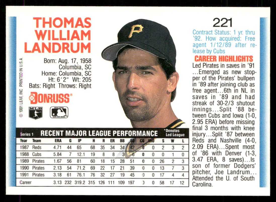 Bill Landrum 1992 Donruss #221b Pittsburgh Pirates back