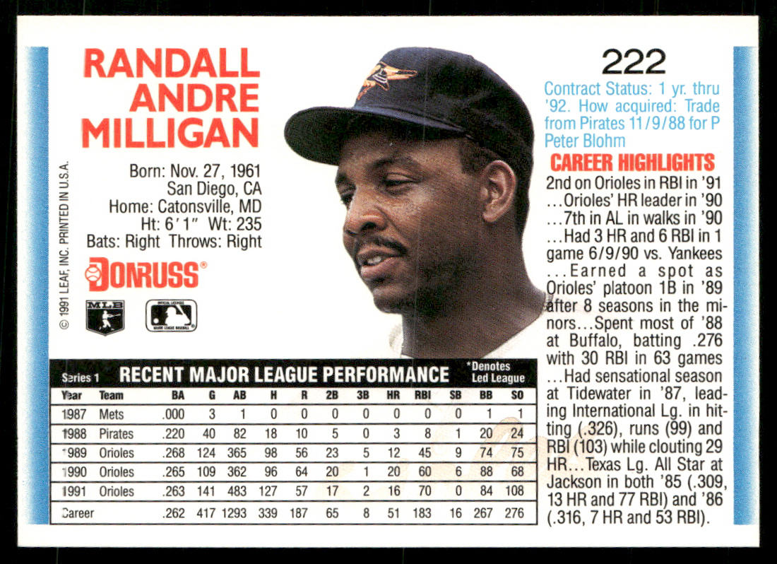 Randy Milligan 1992 Donruss #222 Baltimore Orioles